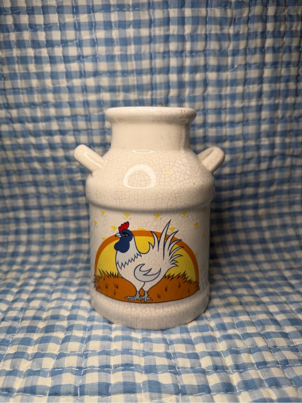 Vintage Ceramic Rooster Milk Can Vase - Country Farmhouse Kitchen Decor